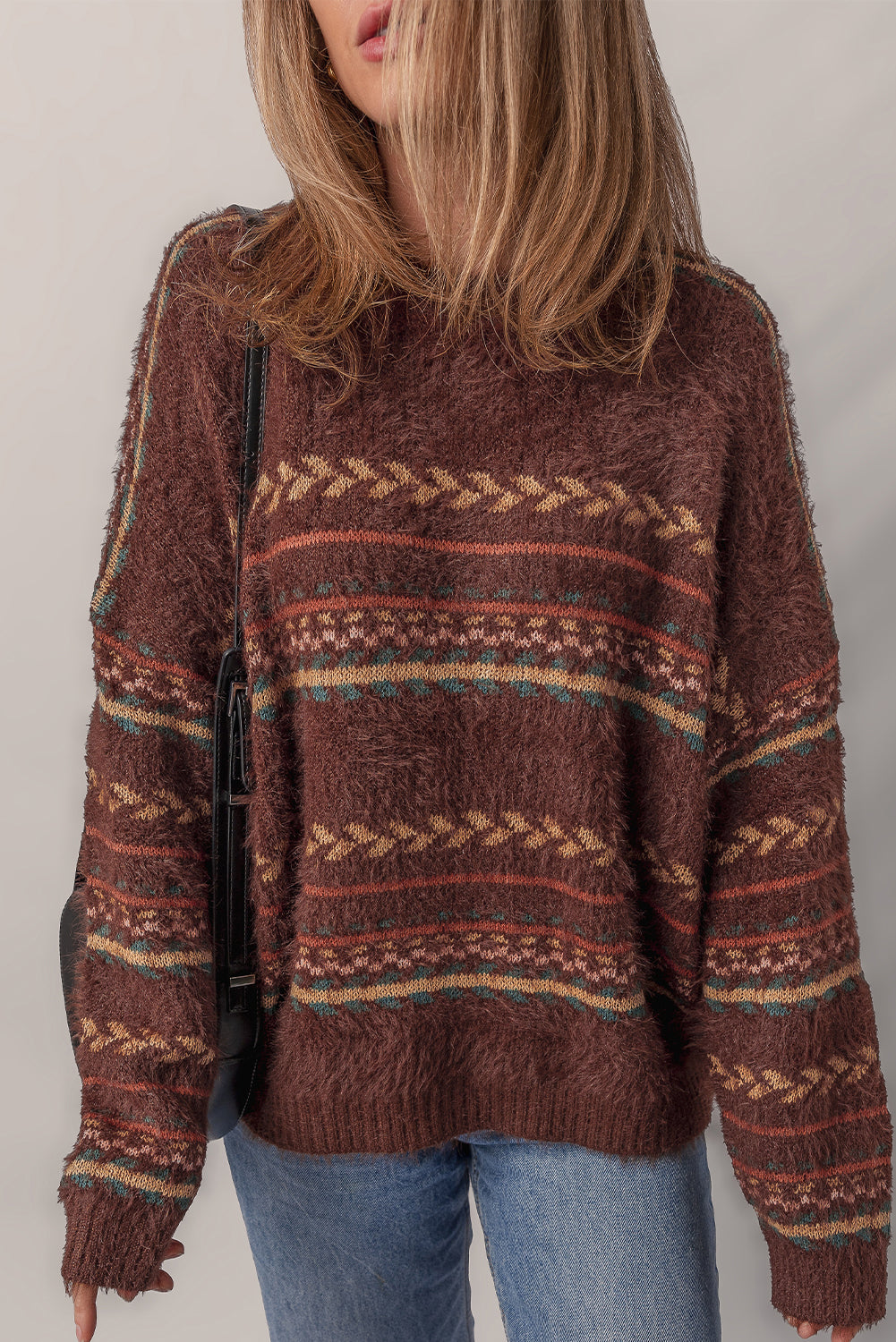Brown Pattern Mohair Knitted Drop Shoulder Sweater