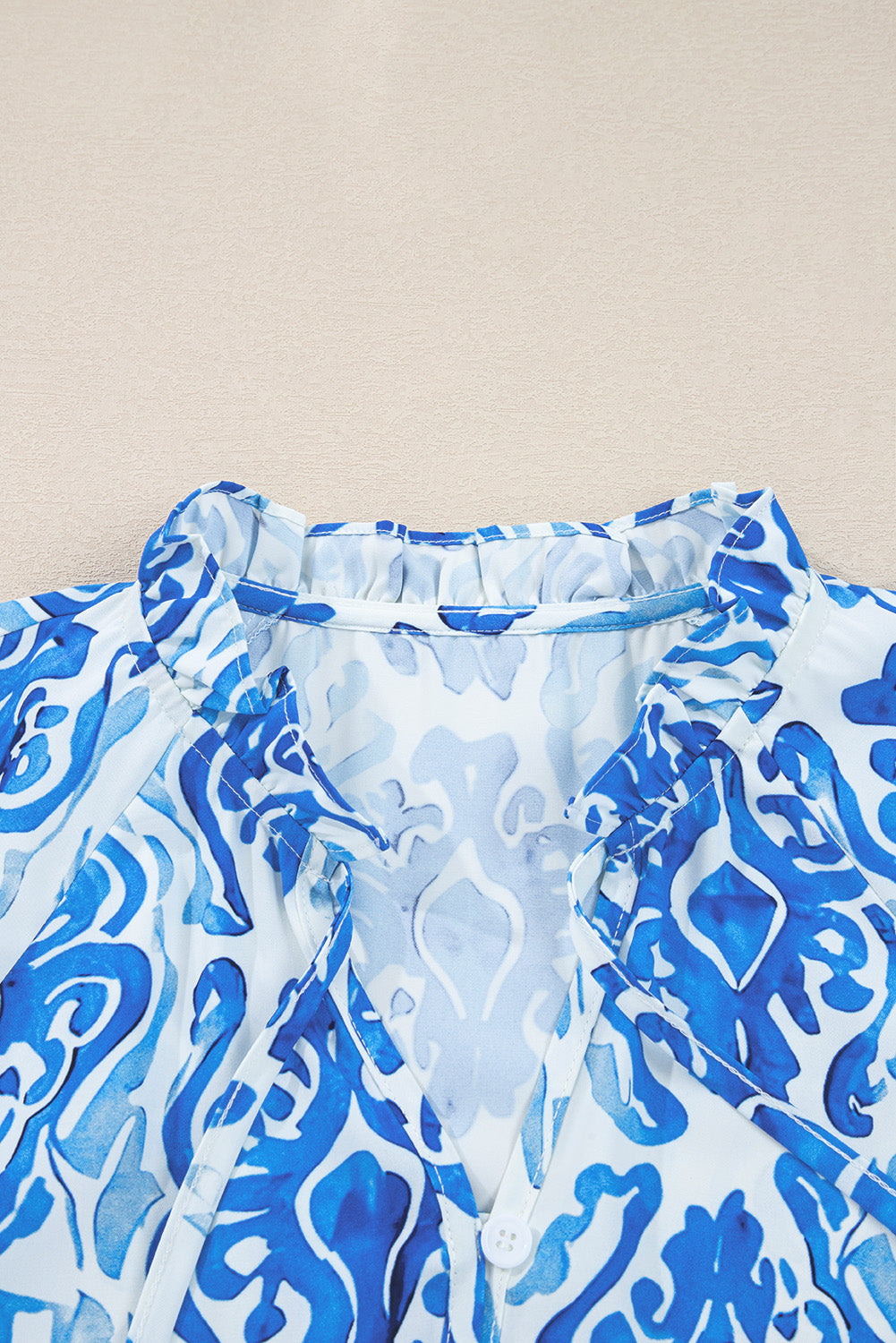 Sky Blue Printed Tie Split Neck Button Front Puff Sleeve Shirt