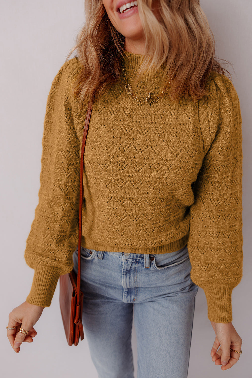 Jurassic Gold Hollow Out Crochet Ribbed Edge Balloon Sleeve Sweater