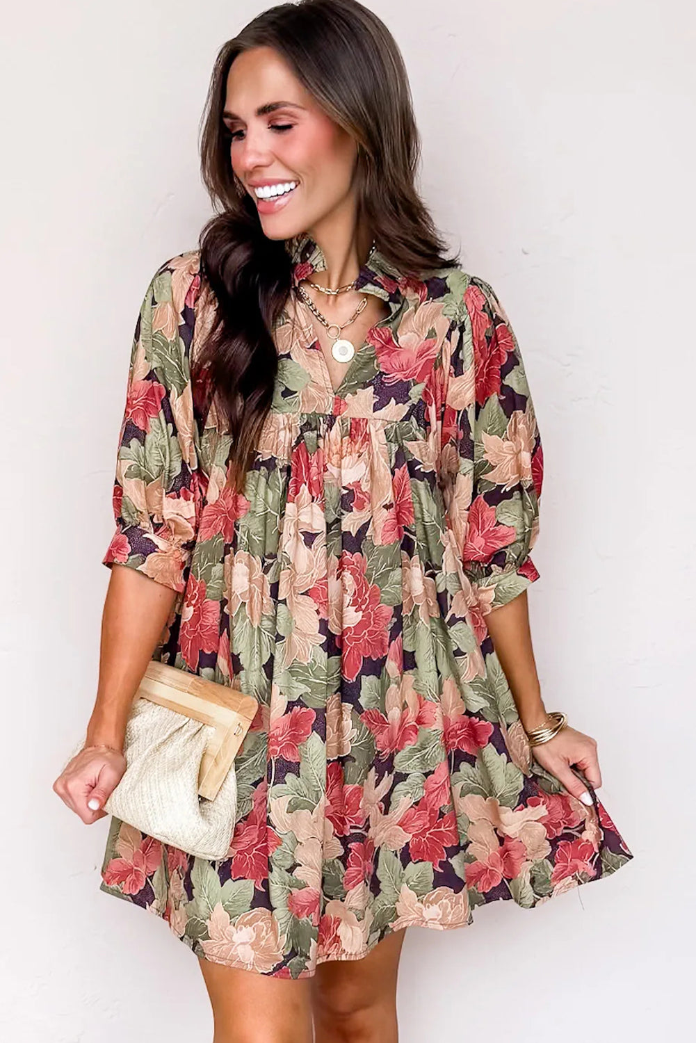 Green Floral Print Frilled Collar V Neck Half Sleeve Mini Dress