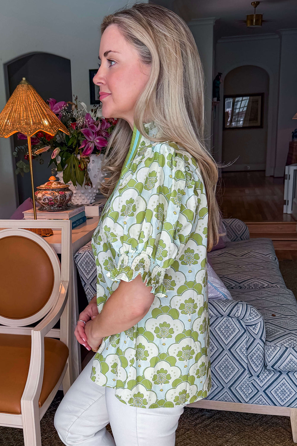 Green Floral Clouds Ruffled Short Sleeve Blouse