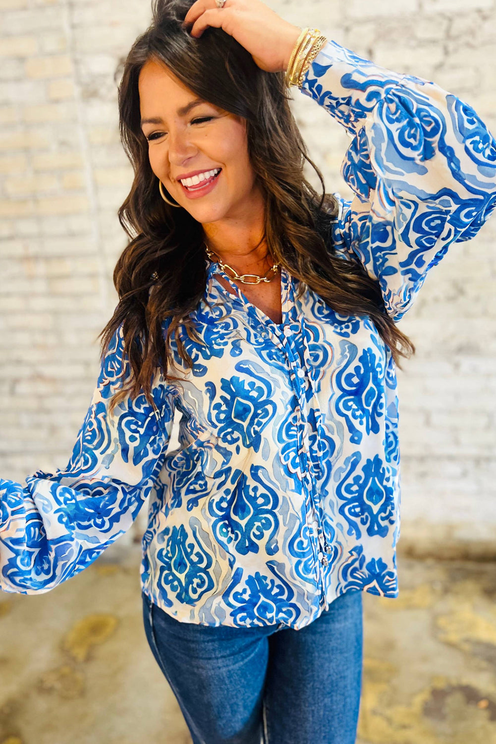 Sky Blue Printed Tie Split Neck Button Front Puff Sleeve Shirt