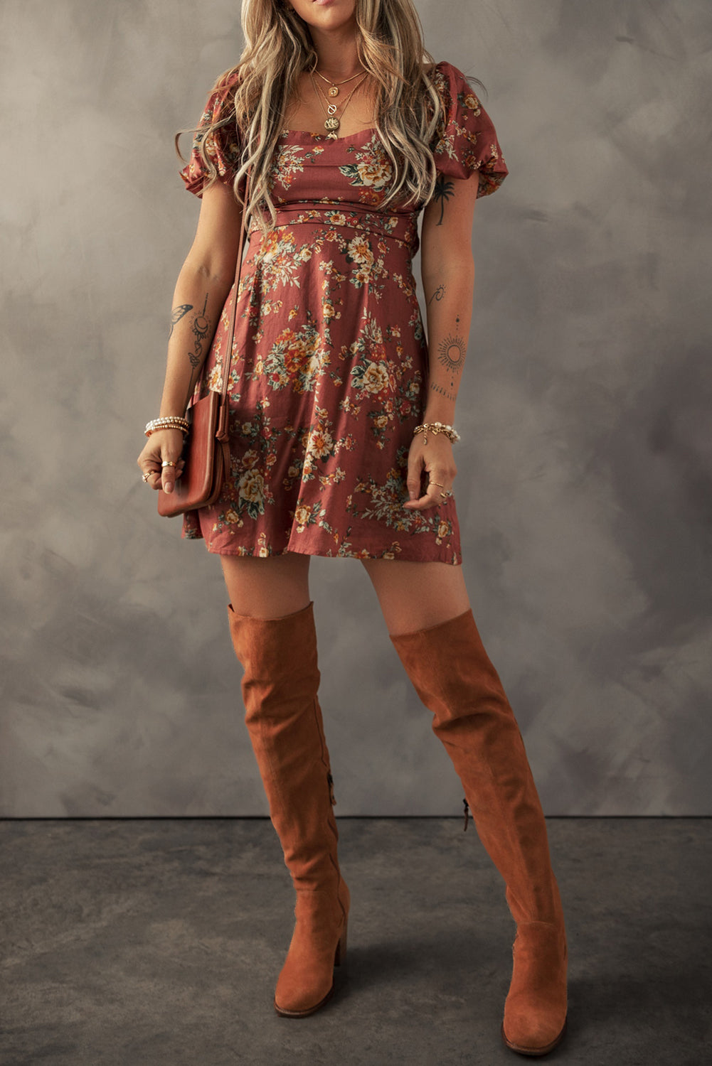 Red Floral Puff Sleeve Square Neck Knot Open Back Mini Dress