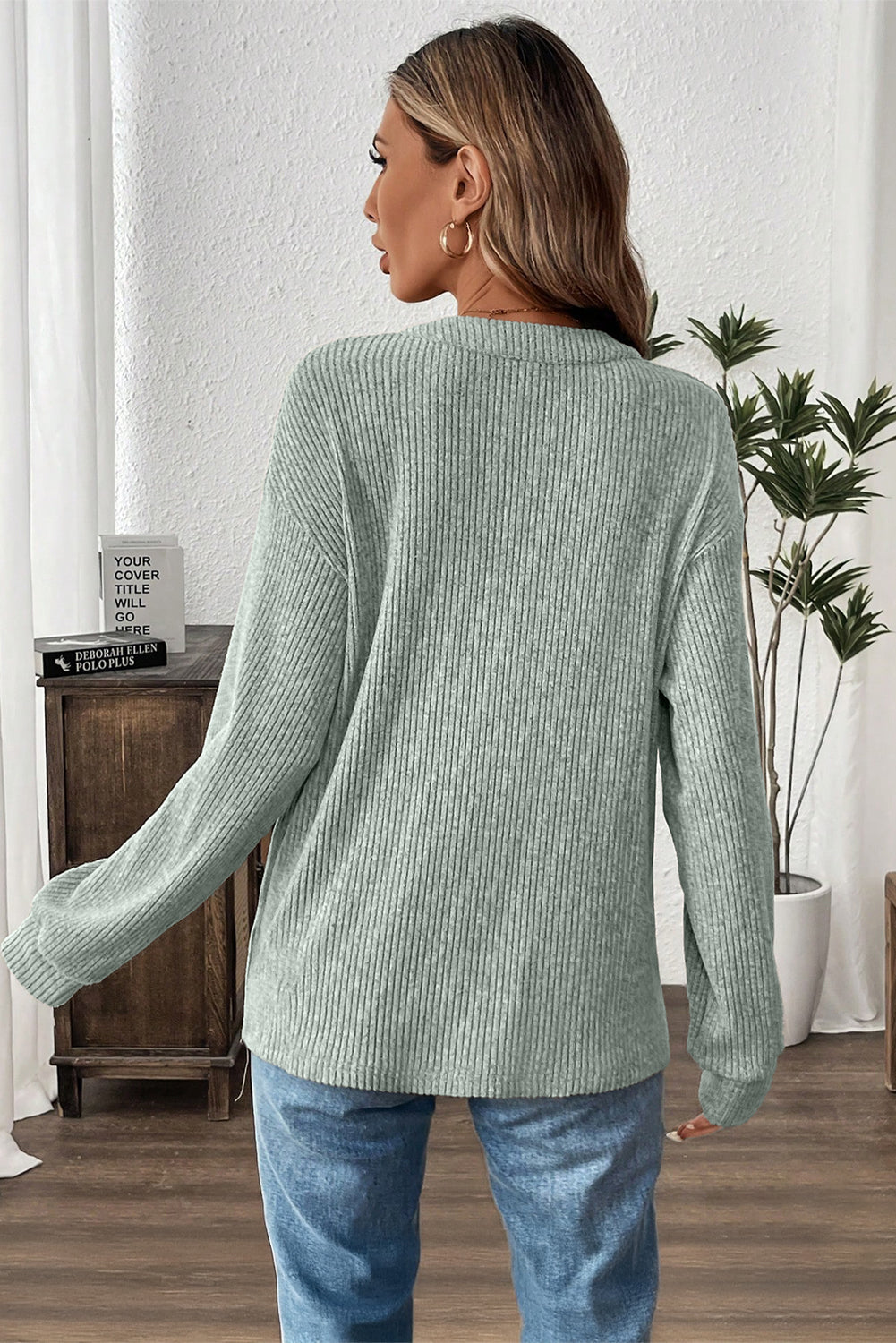Clearly Aqua Ribbed Texture Drop Shoulder Henley Knit Top